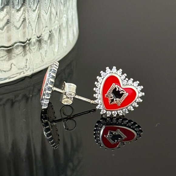 Albania Flag Earrings Heart bling S925 Sterling Silver Handmade Ear Stud - Picture 2 of 6